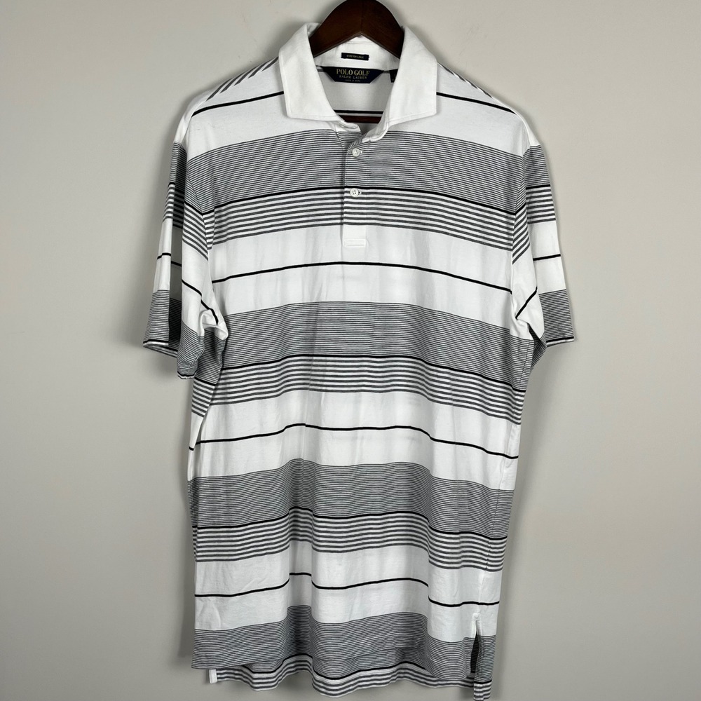 Polo Golf Ralph Lauren Mens Large White Gray Striped Stretch Lisle Polo Shirt L
